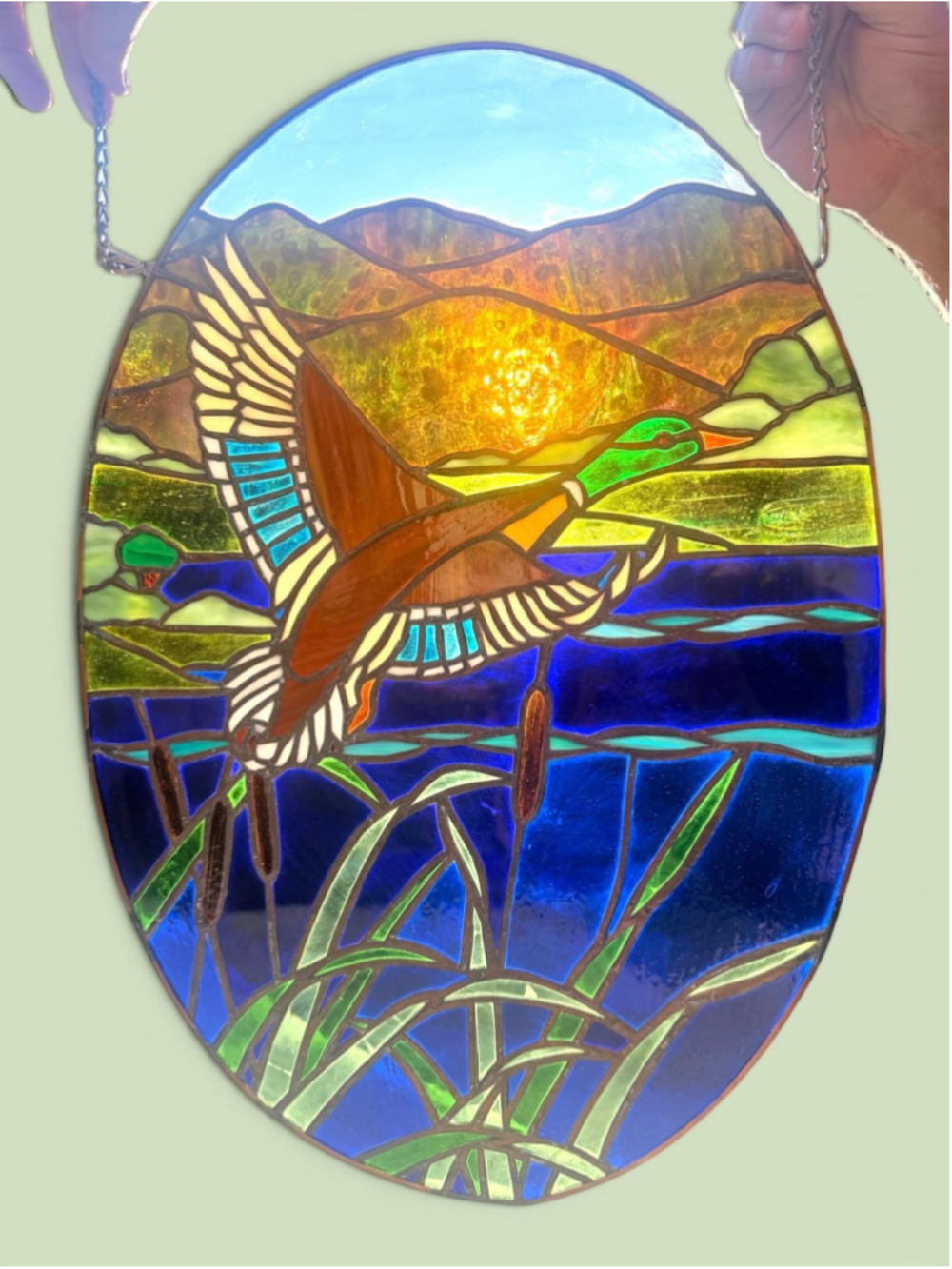 Mallard Duck Stained Glass Panel, Flying Duck Window Hanging, Wildlife Lake Art, - Picture 2 of 6